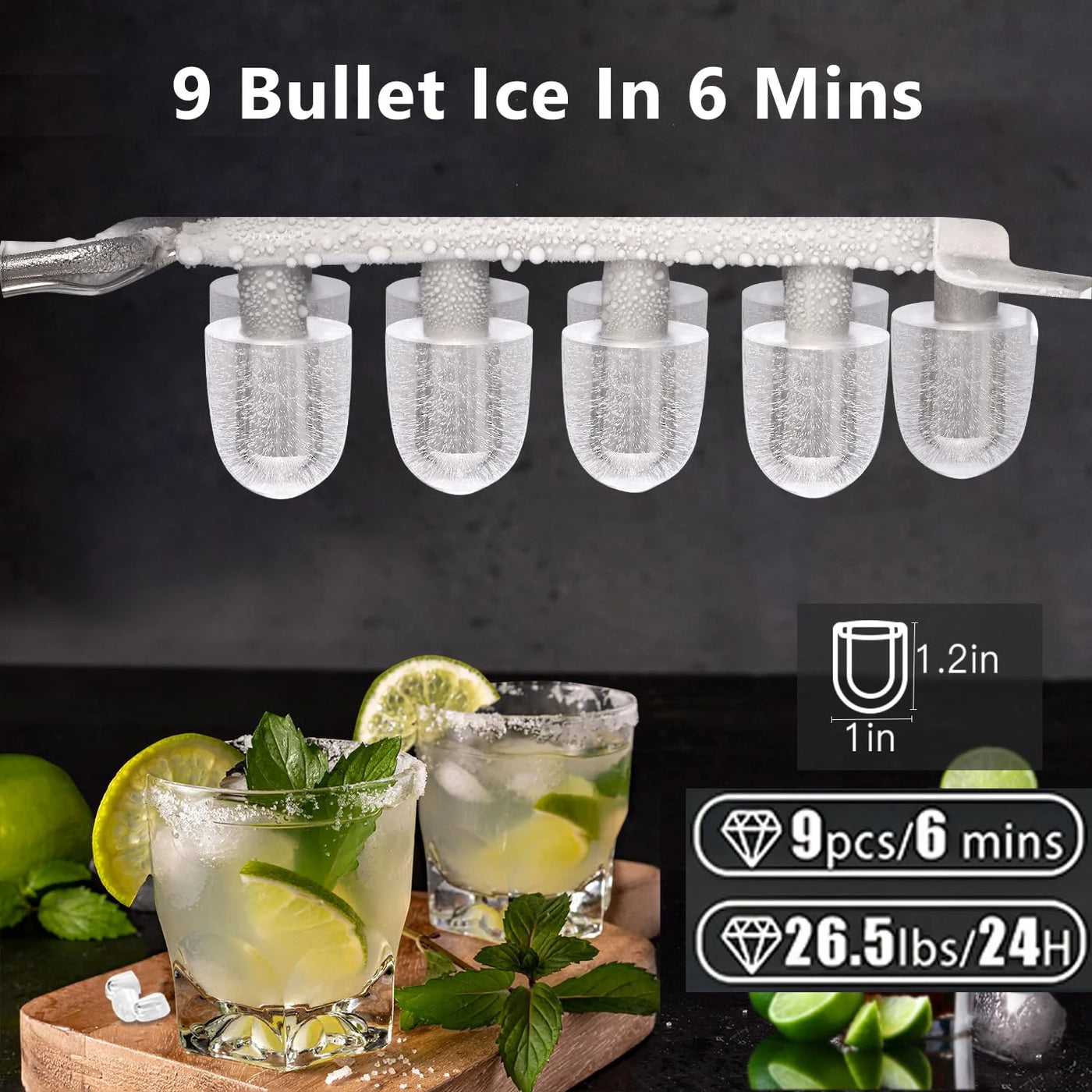 Joy Pebble Bullet Ice Maker Countertop with Handle,9 Bullet Ice Cubes Ready in 6 Mins,26Lbs/24H, Self-Cleaning Portable Ice Machine with Basket and Scoop, for Home/Kitchen/Camping/RV