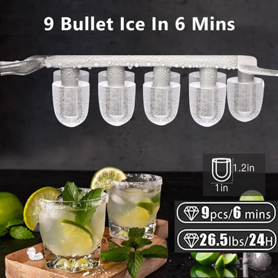 Bullet Ice Maker Countertop with Handle,9 Bullet Ice Cubes Ready in 6 Mins,26Lbs/24H, Self-Cleaning Portable Ice Machine with Basket and Scoop, for Home/Kitchen/Camping/RV