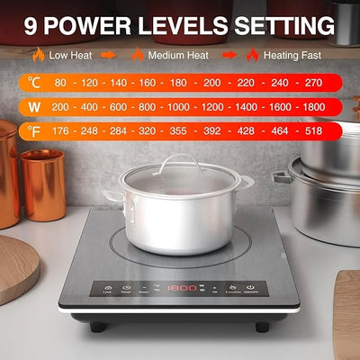 Portable Induction Cooktop,Hot Plate Electric Countertop Single Burner 1800W, Sensor Touch Stove with Digital Led Display, Timer and Child Safety Lock