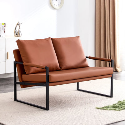 Modern Two-Seater Sofa Chair with 2 Pillows - PU Leather, High-Density Foam, Black Coated Metal Frame.Brown SF-D008