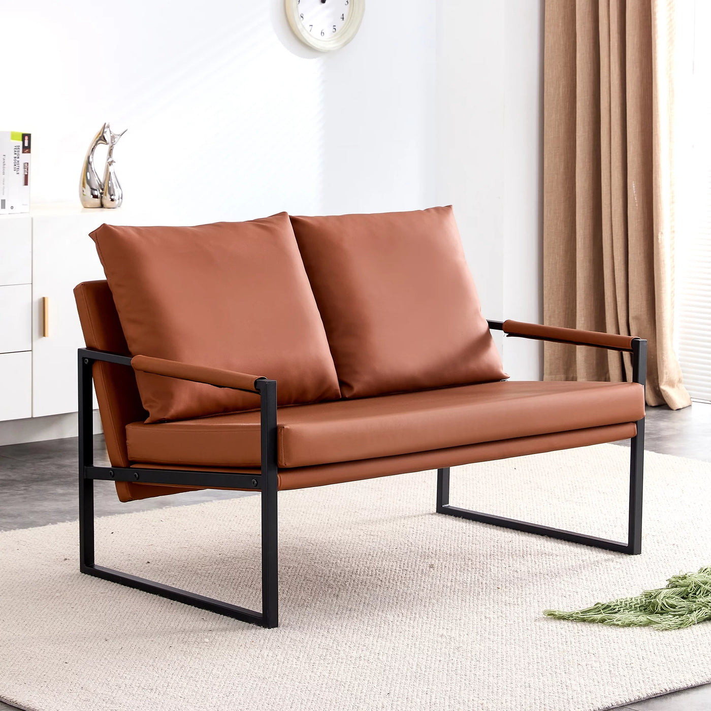 Wasait modern two-seater sofa chair with 2 pillows-PU leather, high-density foam, black coated metal frame. Brown SF-D008