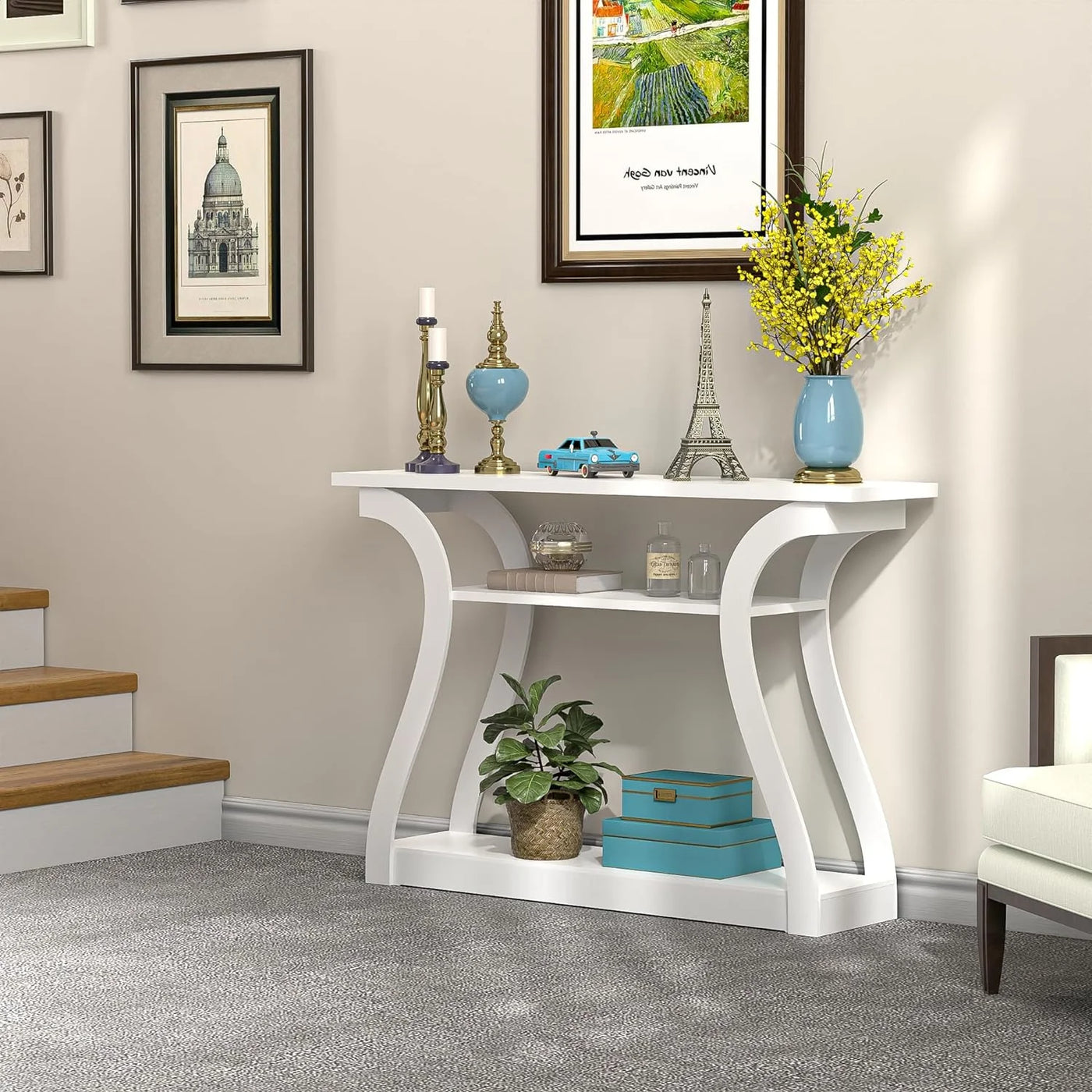 Console Table, Entryway Table with 3 Tier Storage Shelves, Narrow Long Sofa Table for Entryway, Living Room, Hallway, Couch, Foyer, White