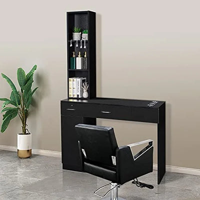 OmySalon Barber Station Wall Mount Salon Hair Styling Beauty Spa Equipment w/ 2 Drawers, 1 Storage Cabinet, 3 Open Shelves (Black)