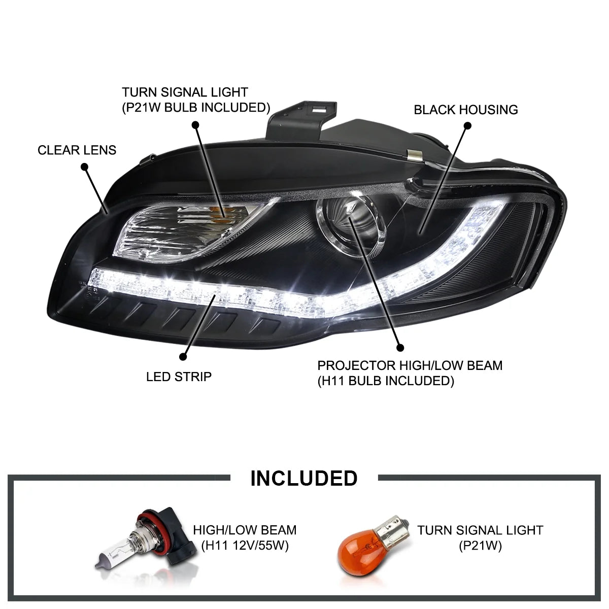 Spec-D Tuning Euro Black LED Strips Projector Headlights Compatible with 2006-2008 Audi A4/S4 B7, Left + Right Pair Headlamps Assembly