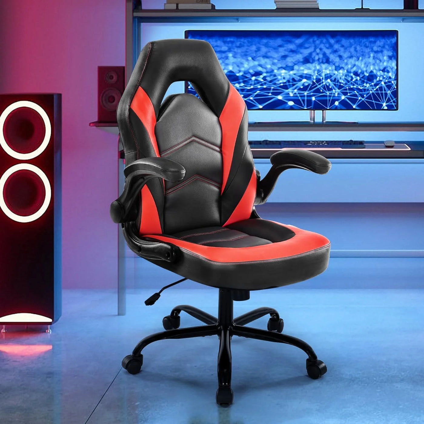 Ergonomic Computer Gaming Chair - Home Office Desk with PU Leather Lumbar Support, Height Adjustable Big and Tall Video Game with Flip-up Armrest, Swivel Wheels for Adults and Teens