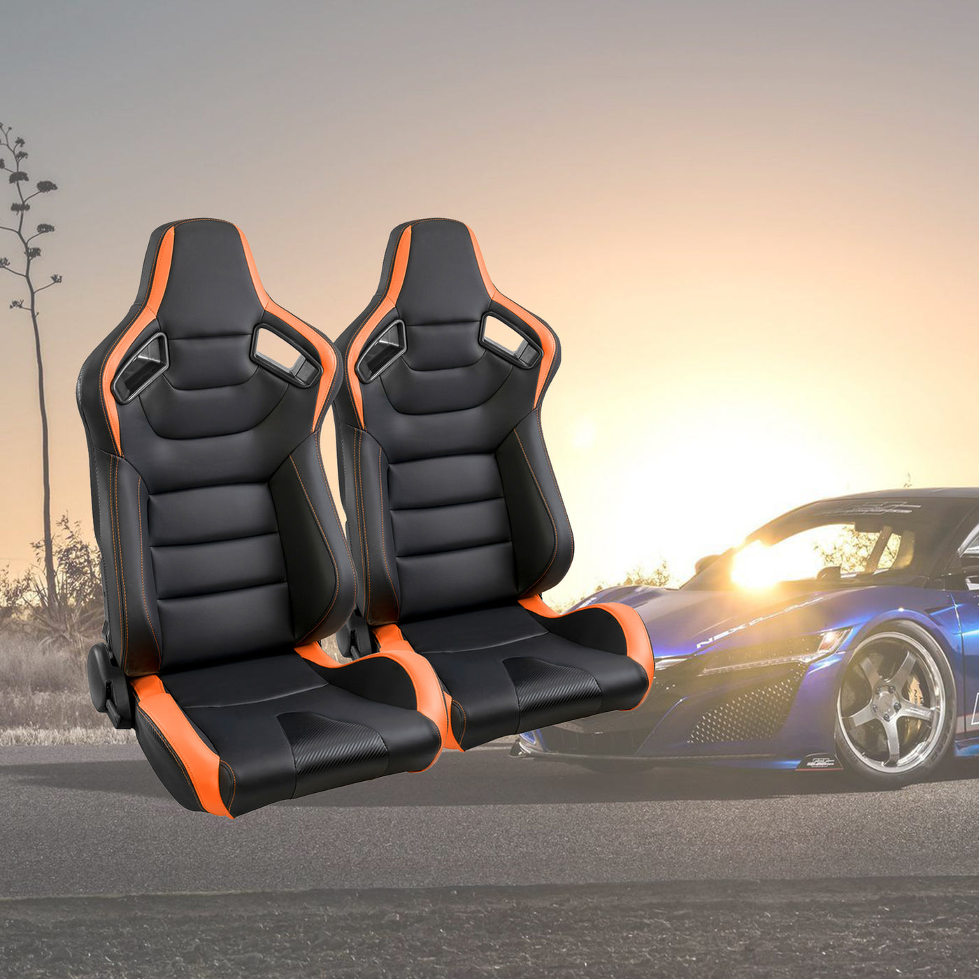 Racing Seats, 2PCS Universal PVC Leather Racing Seats with Dual Lock Sliders, Reclining Design & Front-Back Adjustable Seats (Black&Orange)