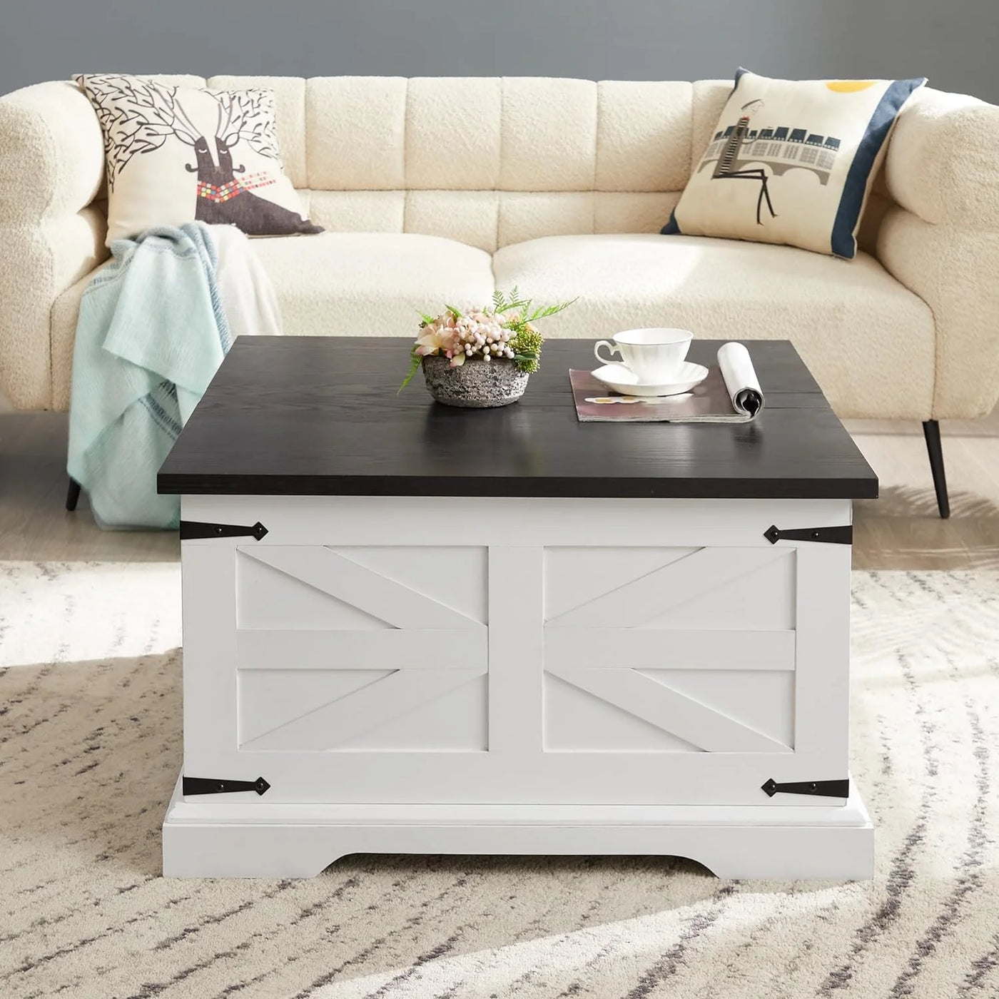 Farmhouse Coffee Table, Square Cocktail Table with Hidden Storage, Barn Panel Design and Hinged Lift Top, Center Table Decorated with Retro-Styled Metal Accents, White