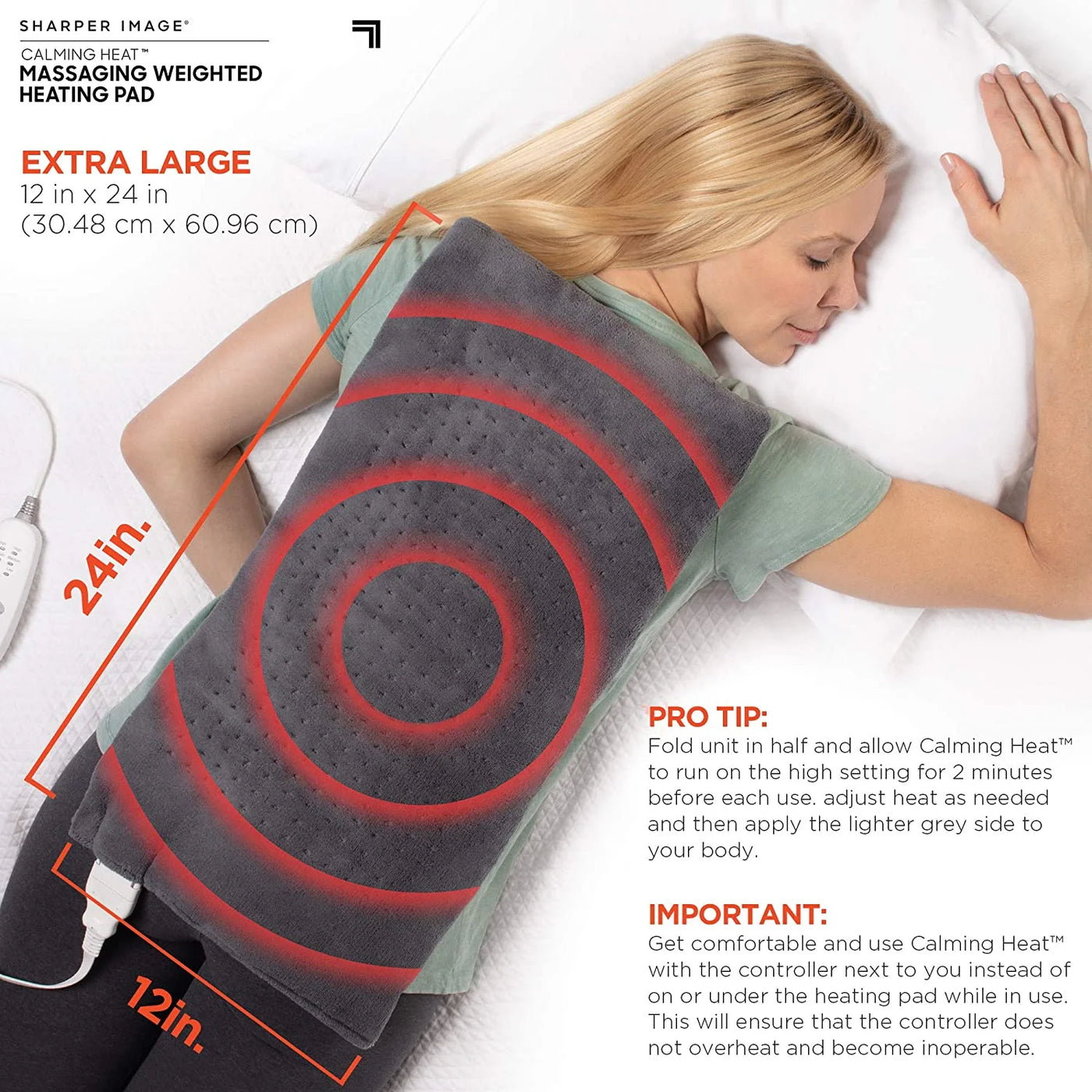 Calming Comfort Heat Massaging Weighted Heating Pad by Sharper Image with Vibration, 12 Settings- 3 Heat, 12” x 24”, 4 lbs