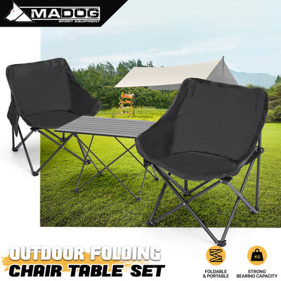 MADOG Folding Table and Chairs Set, Set of 3 Outdoor Camping Picnic Chairs and Table with Fold Up Tabletop, Pockets and Carry Bag, Black