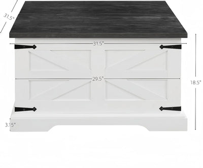 Farmhouse Coffee Table, Square Cocktail Table with Hidden Storage, Barn Panel Design and Hinged Lift Top, Center Table Decorated with Retro-Styled Metal Accents, White