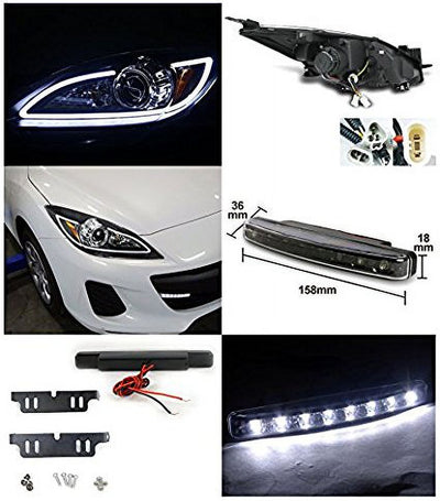 Mazda 3 JDM Black LED DRL Strip Projector Headlights+8-LED DRL Fog