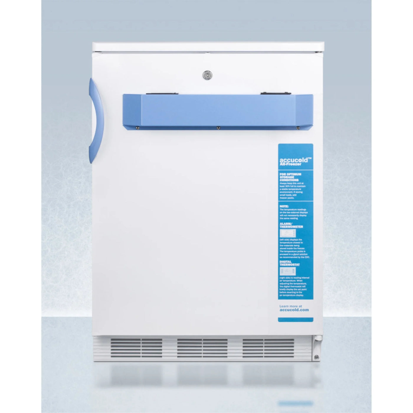 Built-in undercounter medical/scientific -25C capable all-freezer with front control panel equipped with a digital thermostat and NIST calibrated thermometer/alarm