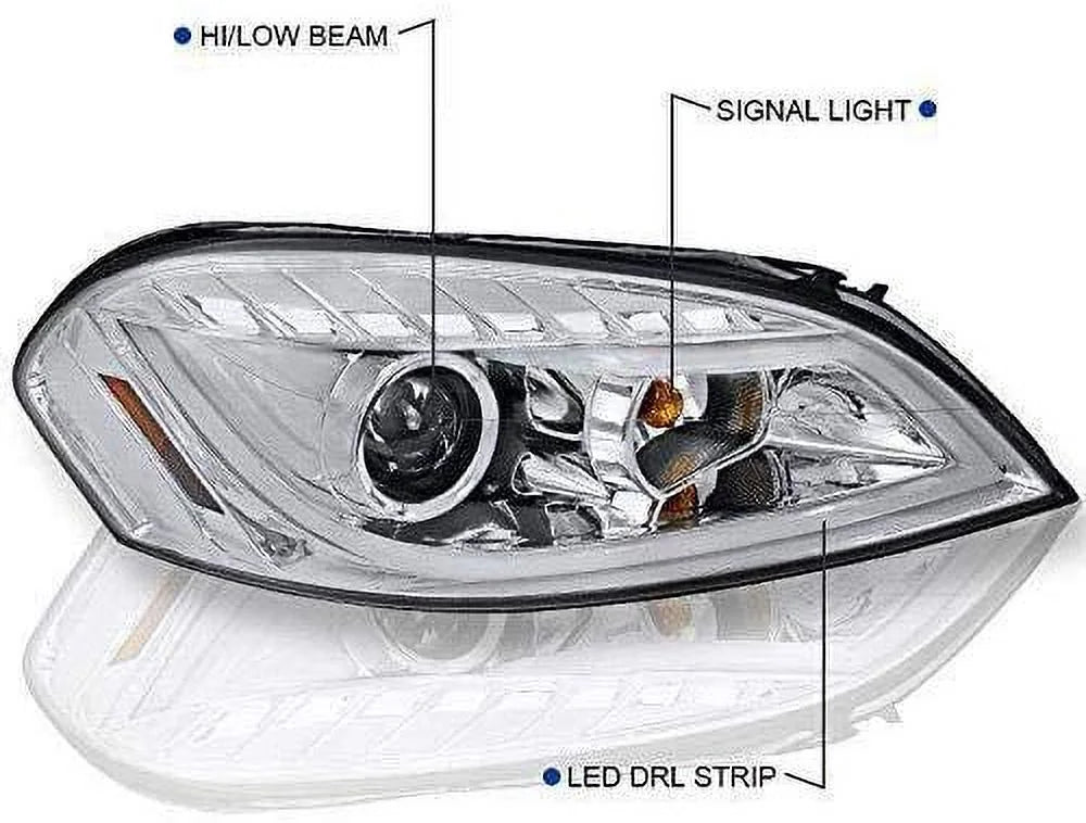 DRL LED Light Bar Strip Projector Headlight Head Lamp Replacement in Chrome Housing Clear Lens Made For And Compatible With 2006 - 2013 Chevy Chevrolet Impala 06 07 08 09 10 11 12 13