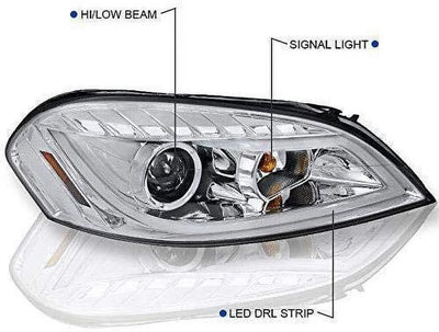 DRL LED Light Bar Strip Projector Headlight Head Lamp Replacement in Chrome Housing Clear Lens Made For And Compatible With 2006 - 2013 Chevy Chevrolet Impala 06 07 08 09 10 11 12 13