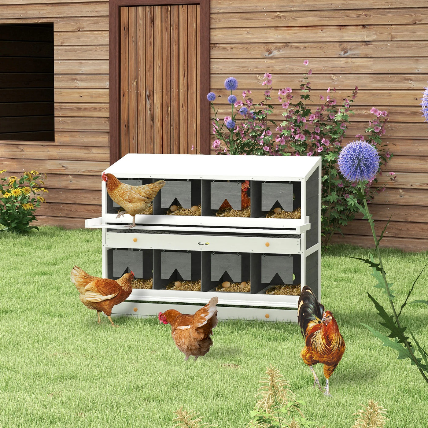 PawHut Nesting Boxes for Chickens W/ 2 Egg Collection Trays, 8 Compartments