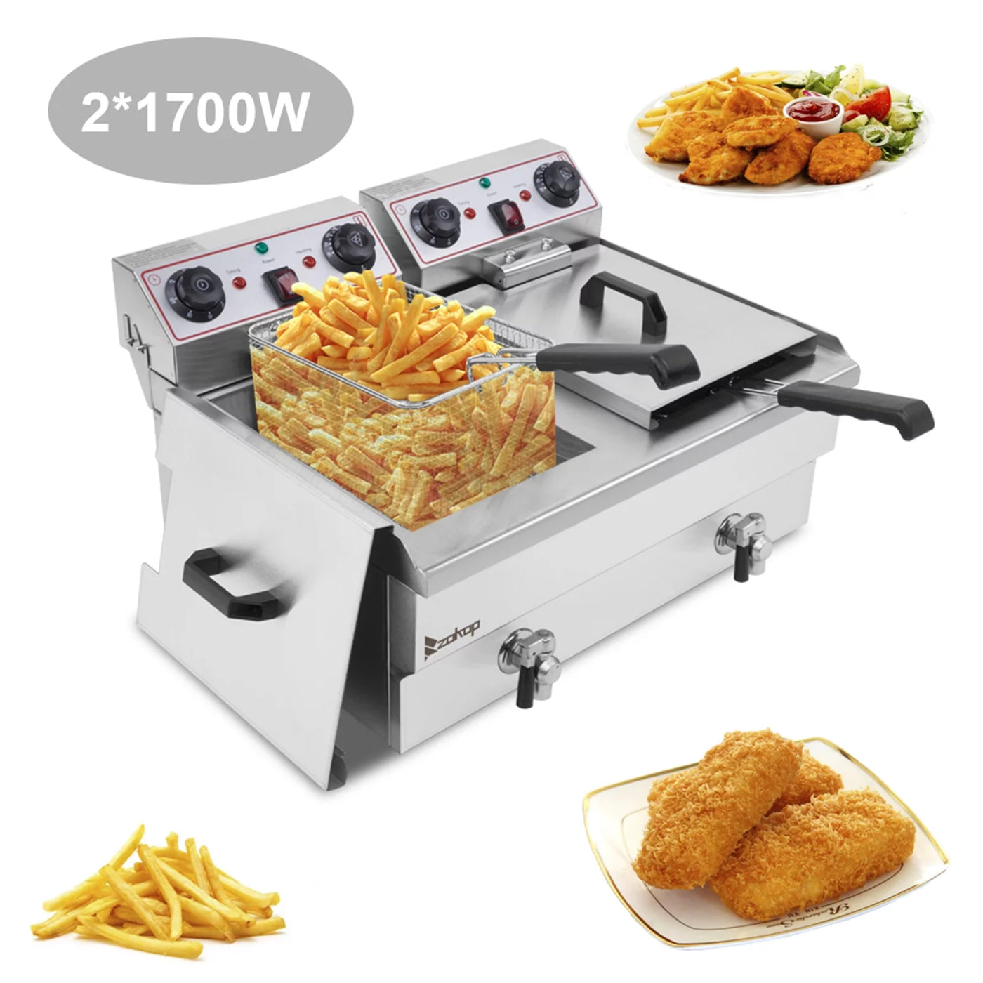 EH102V 16.9QT Stainless Steel Double Tank Deep Fryer 3400W MAX (8L + 8L Capacity) - Large Handle, Ideal for Big Blue Fans