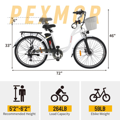 PEXMOR Electric Bike for Adults, 350W (Peak 500W) City Commuter Ebike 36V 12.5AH Removable Battery, 26" Cruiser Electric Bicycle Shimano 6-Speed | Dual Shock Absorber | Basket