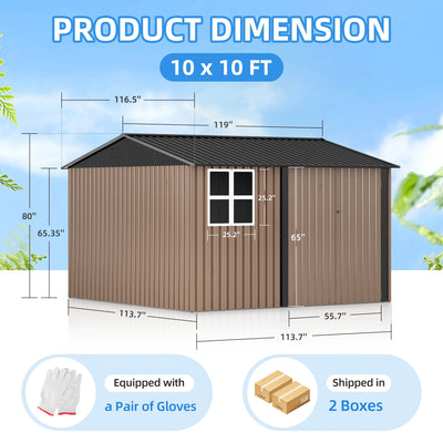 JAXPETY 10 x 10 ft Outdoor Metal Storage Shed with Window & Lockable Door for Garden, Backyard, Tool Storage Use, Brown