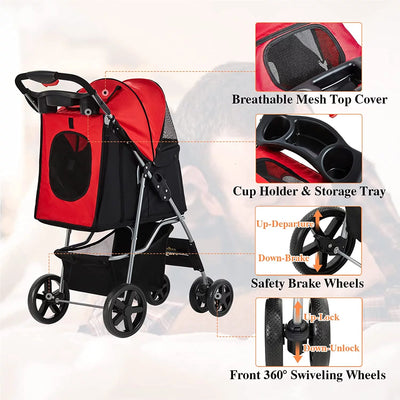 Afuhokles Cat Dog Stroller, Pet Strollers for Small Medium Dogs and Cats, 4 Wheels Dog Jogging Stroller Folding Doggy Stroller with Storage Basket