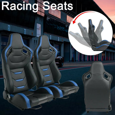 Racing Seats, 1 Pair Bucket Seats with Dual Lock Sliders for Front-Back Adjustment, PVC Leather Universal Racing Seats for Cars (Black with Blue)