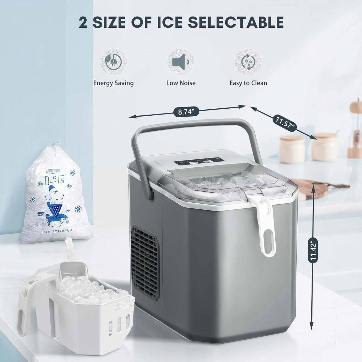 Countertop Ice Maker,Portable Ice Machine with Carry Handle,Self-Cleaning,Basket and Scoop,9 Cubes in 6 Mins,26.5lbs/24Hrs,2 Sizes of Bullet Ice,for Home,Kitchen,Party,Grey