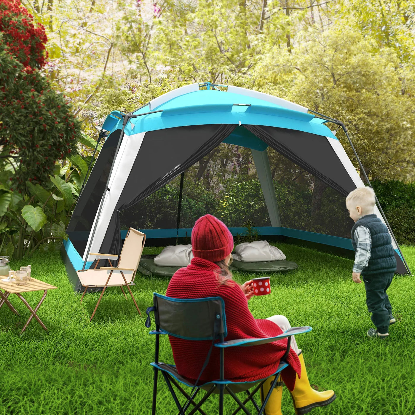 Outsunny 12' x 12' Screen House Room, 8 Person Camping Tent w/ Carry Bag and 4 Mesh Walls for Hiking, Backpacking, and Traveling, Easy Set Up, Sky Blue