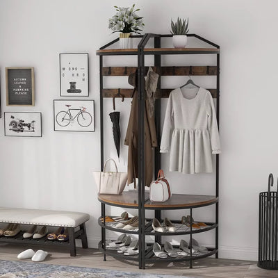 HBROLJF Corner Hall Tree with Shoe Bench Entryway Coat Rack with 10 Metal Movable Hooks Freestanding Shoes Organizer for Home Office Bedroom (Rustic Brown)