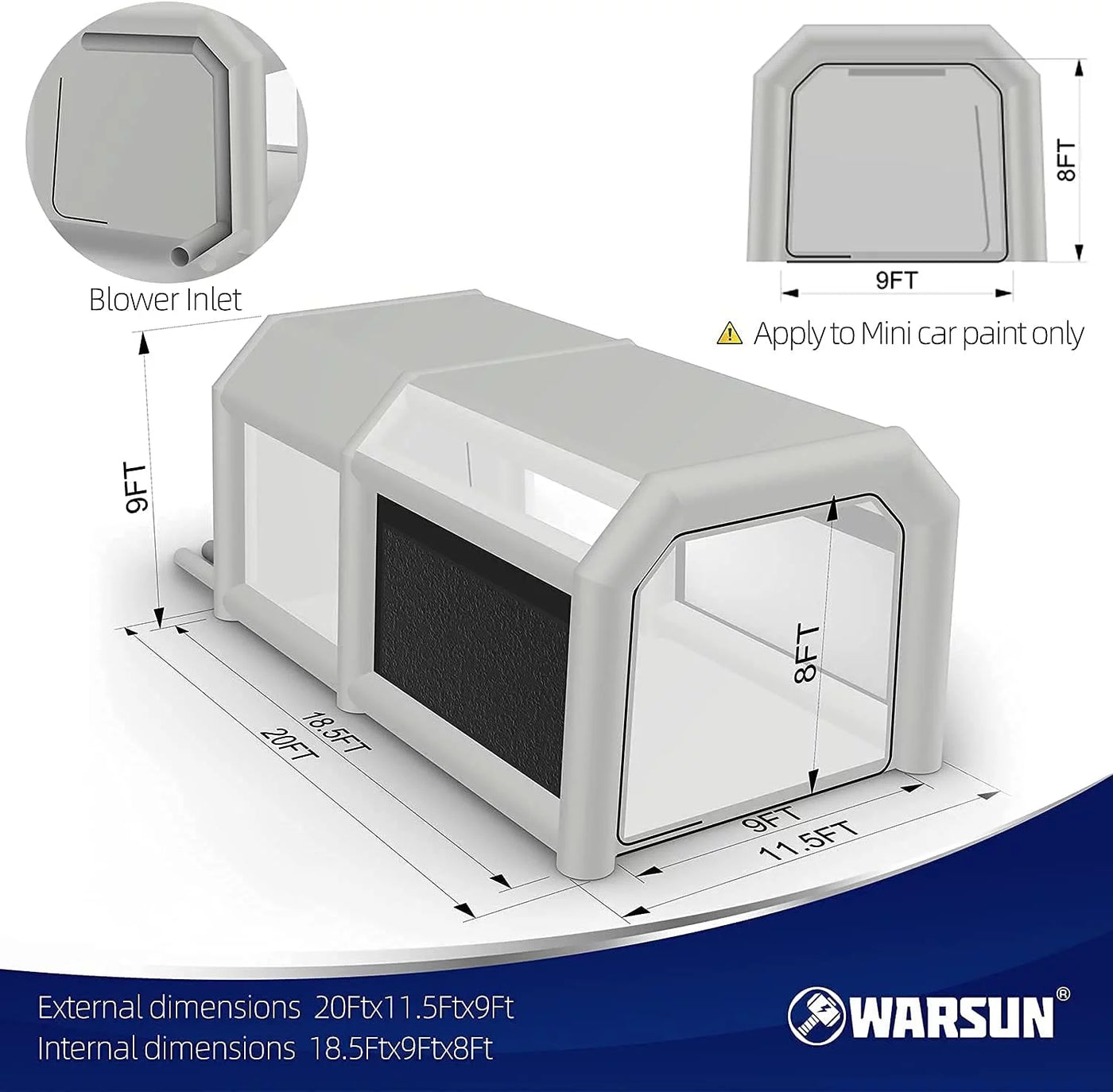 WARSUN 20x11.5x9Ft Inflatable Paint Booth & Larger Air Filter System Professional Inflatable Spray Booth with 580W+450W Blowers