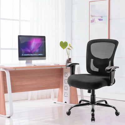 Bigroof Mesh Office Chair, Ergonomic Computer Chair with Flip-up Arms and Lumbar Support, Height Adjustable Home Office Desk Chairs, Black