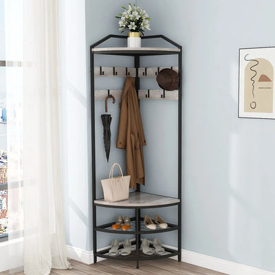 DONFU Grey Corner Hall Tree with Shoe Bench Entryway Coat Rack with 10 Metal Movable Hooks Rustic Farmhouse Freestanding Clothes Rack Shoes Shelf Organizer for Home Office Bedroom (Greige)