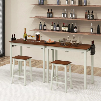 3-Piece Bar Table Set - Counter Height Pub Table w/ 2 Stools, 2 Wine Holders, Rubber Wooden Legs, Space-Saving Dinette Table Set for Bar, Kitchen, Living Room, Cream White & Walnut