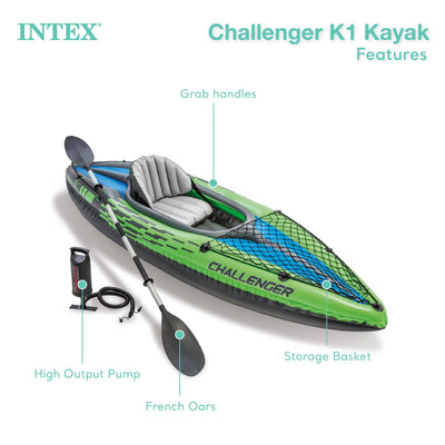 Intex Challenger K1 Single Person Inflatable Fishing Kayak Set Accessory Kit Oars & Pump