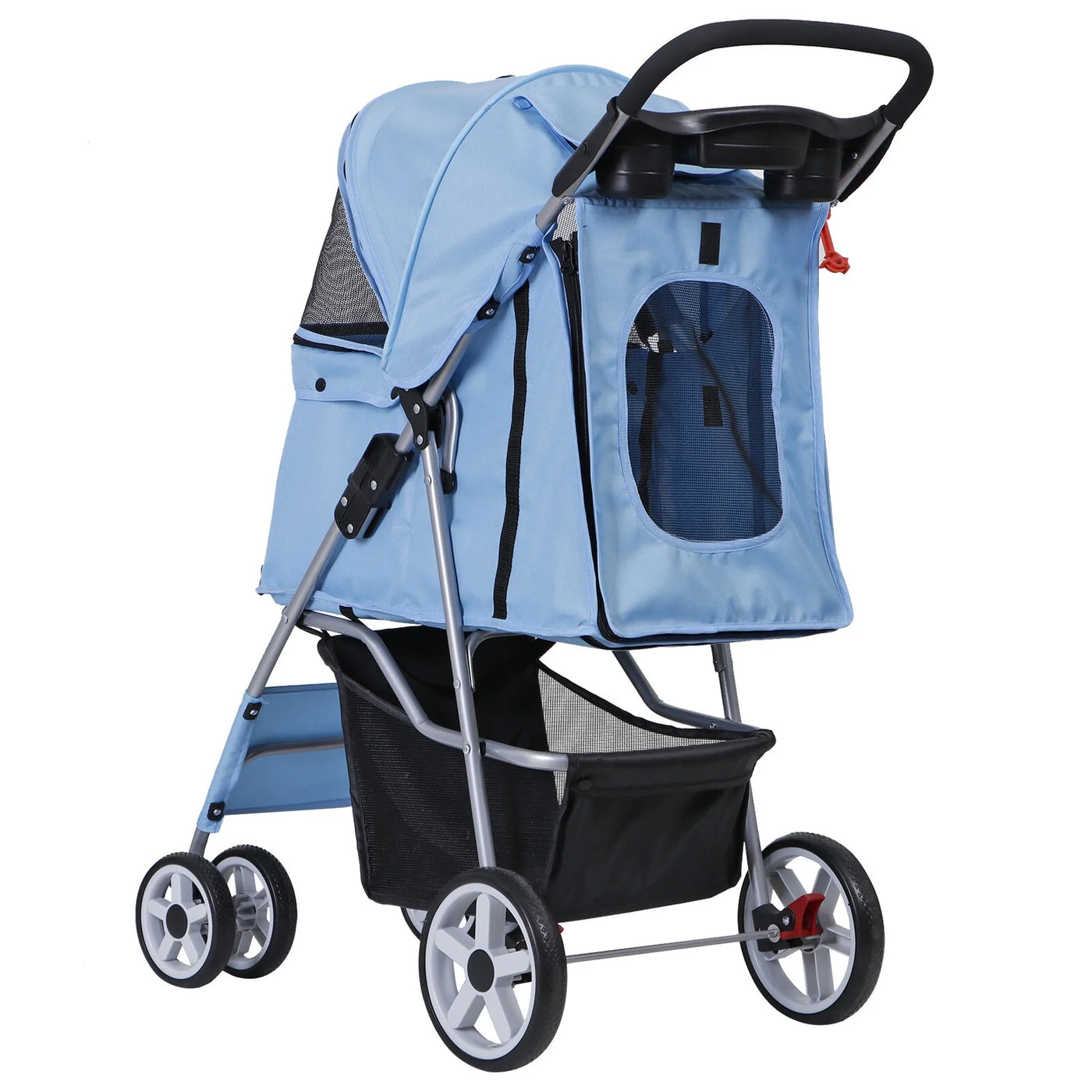 Foldable Carrier Strolling Cart 4 Wheel Pet Stroller for Cat, Dog w/ Cup Holder