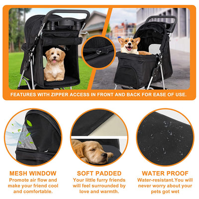 Pet Stroller 4 Wheels Dog Cat Stroller for Small Medium Dog Cats Carrier Jogger Travel Foldable Puppy Stroller with Storage Basket and Cup Holder