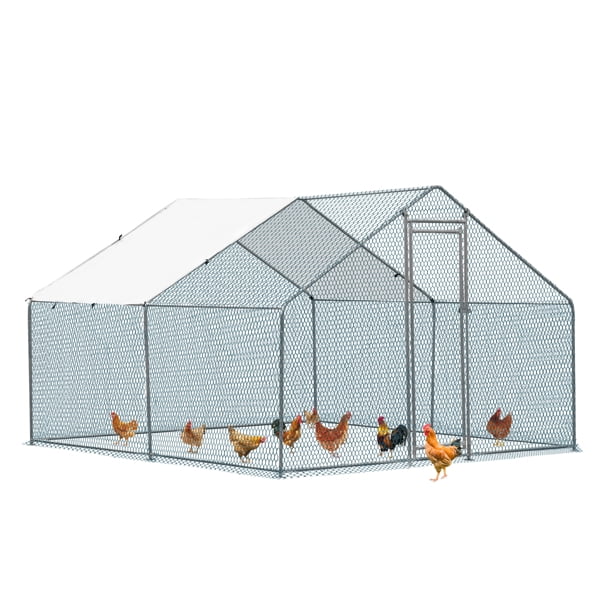 Al Fresco 10 x 10 ft Large Metal Chicken Run, Walk-in Poultry Cage, Spire-Shaped Chicken Coop with Waterproof and Anti-Ultraviolet Cover for Hen House, Duck and Rabbit, Silver