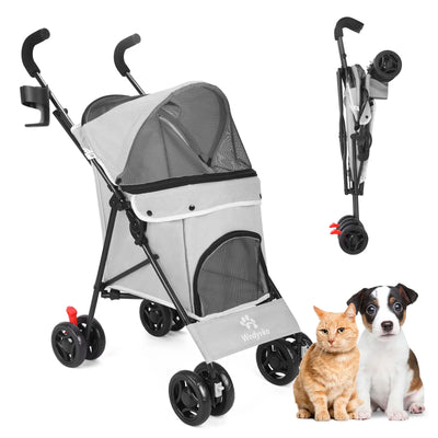 4 Wheel Foldable Cat Dog Stroller with Storage Basket, Handle 360° Front Wheel Rear Wheel with Brake for Small Medium Dogs & Cats-Gray