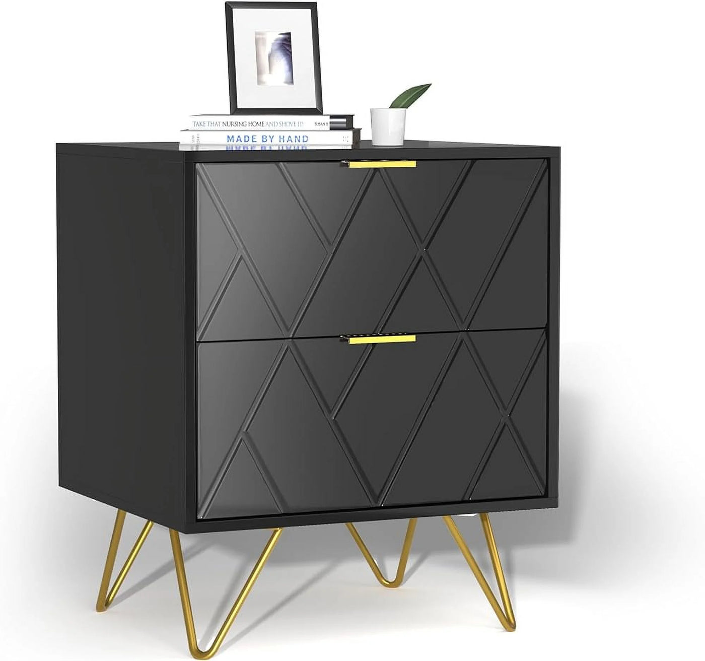 RSJIWOGZ Black Nightstand with 2 Drawers 17.7" W Modern Small End with Gold Handle & Cute Nightstand for Small Space Bedroom and Living Room Black