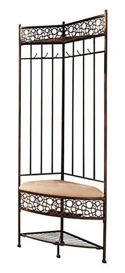 Kings Brand Furniture Brushed Copper Metal Corner Entryway Hallway Storage Bench with Coat Rack