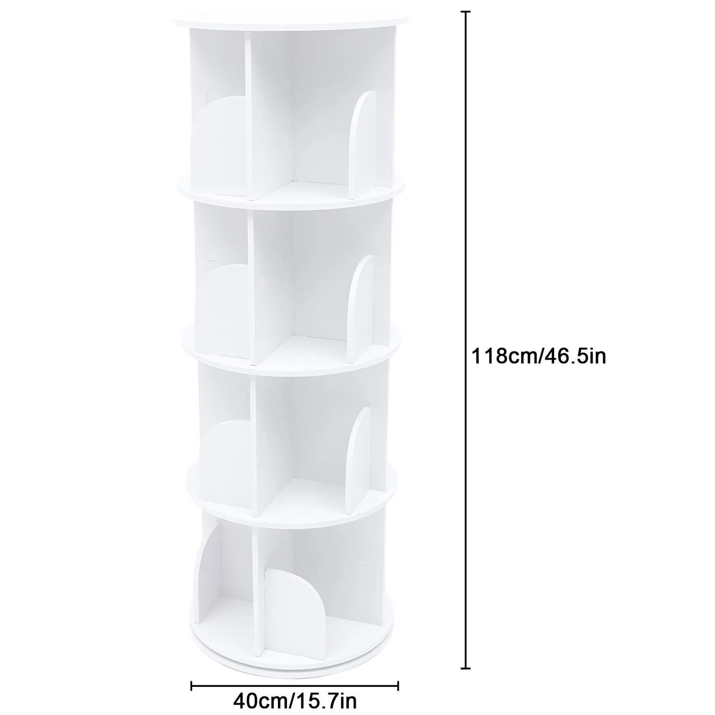 Wuzstar 4 Tiers Rotating Bookshelf 360 Degrees Display Shelves Bookshelf Organizer White Stackable Rack Floor Standing Bookcase for Living Room, Bedroom and Office, 15.7 * 15.7 * 46.5in