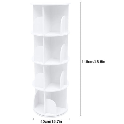 Wuzstar 4 Tiers Rotating Bookshelf 360 Degrees Display Shelves Bookshelf Organizer White Stackable Rack Floor Standing Bookcase for Living Room, Bedroom and Office, 15.7 * 15.7 * 46.5in