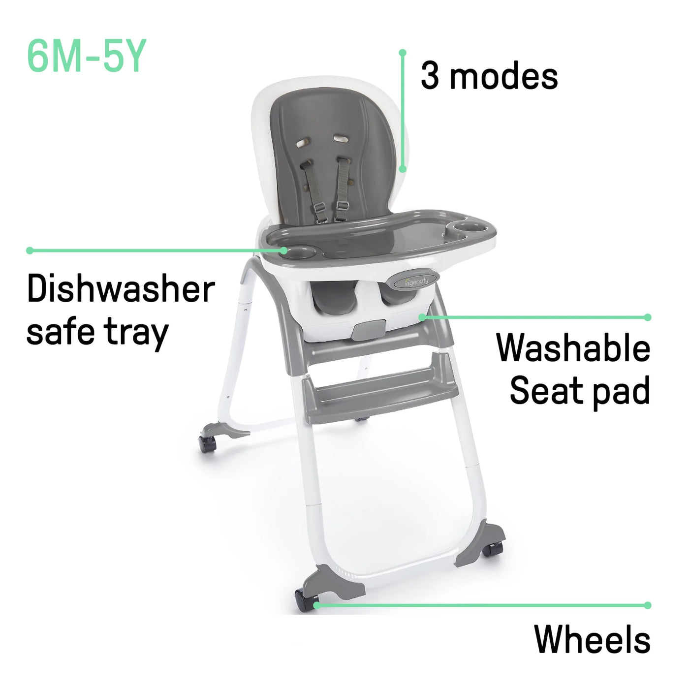 Ingenuity SmartClean Trio Elite 3-in-1 Convertible High Chair, Toddler Chair, and Booster Seat, For Ages 6 Months and Up, Unisex - Slate