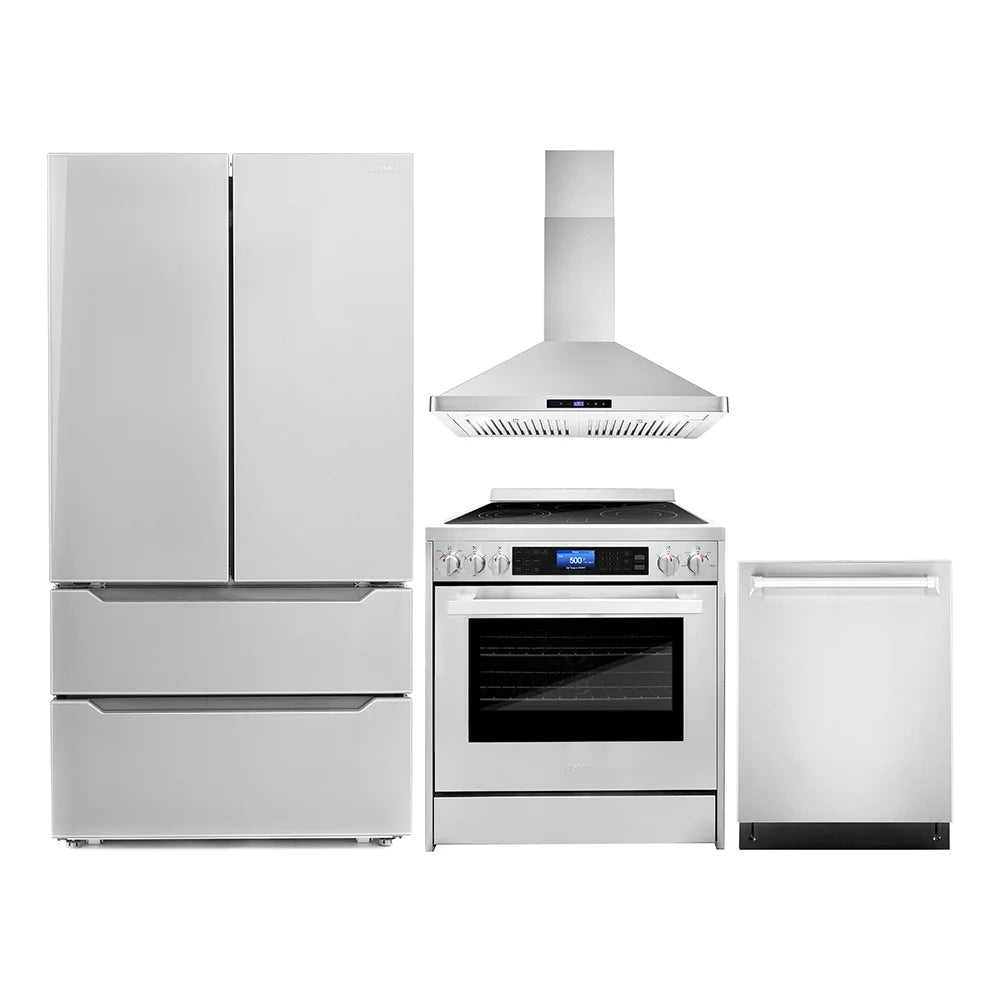 Cosmo 4 Piece Kitchen Appliance Packages with 30" Freestanding Electric Range 30" Wall Mount Hood 24" Built-in Integrated Dishwasher & French Door Refrigerator Kitchen Appliance Bundles