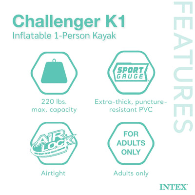 Intex Challenger K1 Single Person Inflatable Fishing Kayak Set Accessory Kit Oars & Pump