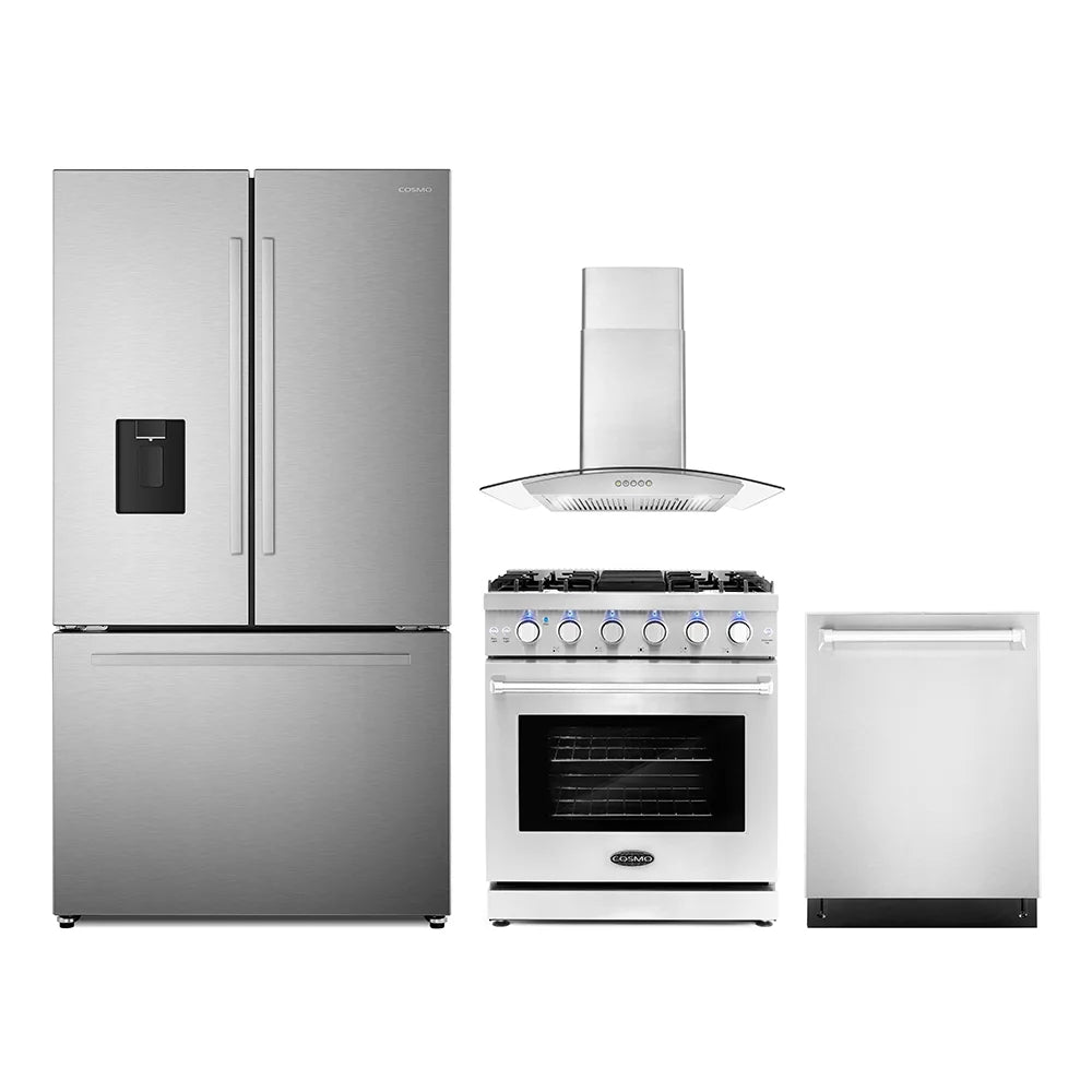 4 Piece Kitchen Package with 30" Freestanding Gas Range 30" Wall Mount Range Hood 24" Built-in Fully Integrated Dishwasher & French Door Refrigerator