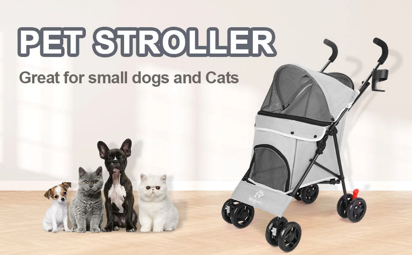 4 Wheel Foldable Cat Dog Stroller with Storage Basket, Handle 360° Front Wheel Rear Wheel with Brake for Small Medium Dogs & Cats-Gray