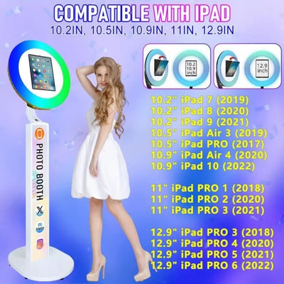 Upgraded White iPad Photo Booth for iPad 10.2'' 10.9'' 11'' 12.9'' Selfie Photo booth Station Machine with RGB Ring Light,Free Custom Logo with Flight Case for Parties Christmas,Wedding Events Rental