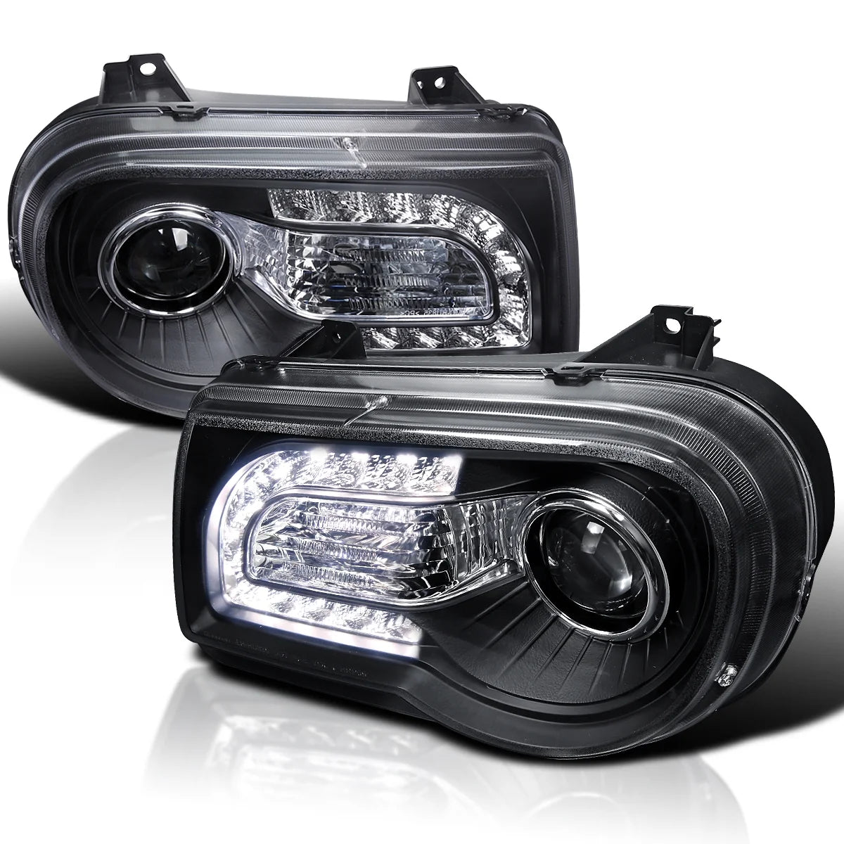 Spec-D Tuning Black LED Strip Projector Headlights Compatible with 2005-2010 Chrysler 300C/300C AWD/HEMI/SRT-8, Left + Right Pair Headlamps Assembly