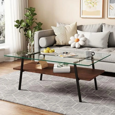 HBBOOMLIFE Glass Coffee Table Mid Century 2 Tier Rectangle Accent Table Tempered Glass Top & Wood Center Table for Living Room Apartment Small Space (Brown Glass/Coffee Brown)