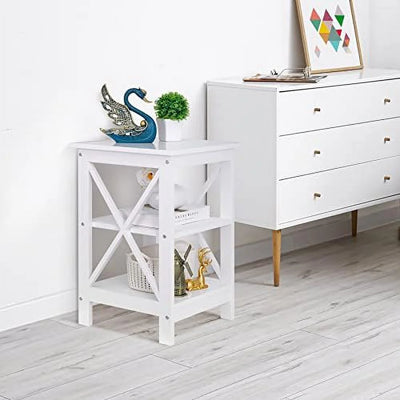 ASDRFYU 3-Tier End/Side/Sofa/Table with Shelves Wooden X-Design Nightstand for Small Space Living Room Bedroom Office Bathroom White