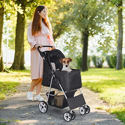 BBBuy 4 Wheels Foldable Pet Dog Cat Jogger Stroller Travel Carrier Strolling Cart w/Waterproof Cover Storage Basket Cup Holder & Removable Liner for Medium Small Cat Dog, Black